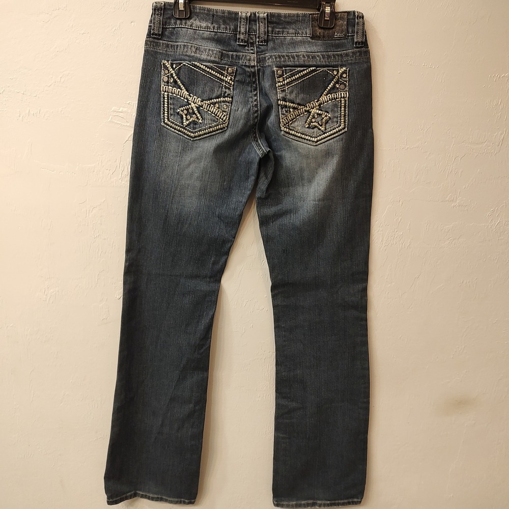 PETROL Jean Annie O Sz 32x35 Blue Distressed Stud Star Heavy Stitch Boot Cut